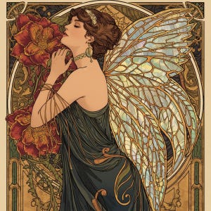 Könnte beinhalten: Illustration im Jugendstil einer Frau mit schillernden Feenflügeln, die ein dunkelgrünes Kleid und Goldschmuck trägt. Große rote Blumen und dekorative goldene Akzente umrahmen die Frau und schaffen eine Vintage-Ästhetik.