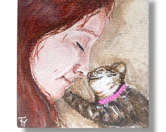 Original Acrylic Cat Painting: Girl and Kitten Art, Mini Handmade Canvas