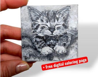 Gato y ratón felices: pintura acrílica original + página para colorear digital; arte original en blanco y negro de 6,35 x 6,35 cm, arte felino