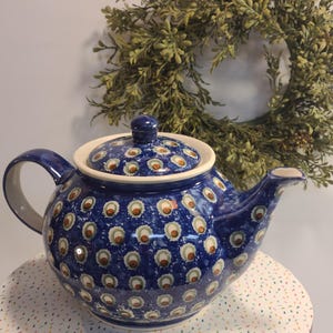 Tetera de cerámica polaca Boleslawiec – Gres azul pintado a mano – Hecha en Polonia