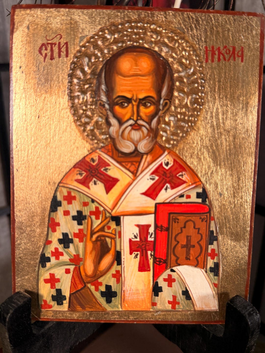 Hand Painted St Nicholas Orthodox Icon Bulgaria With Certificate Gold ...