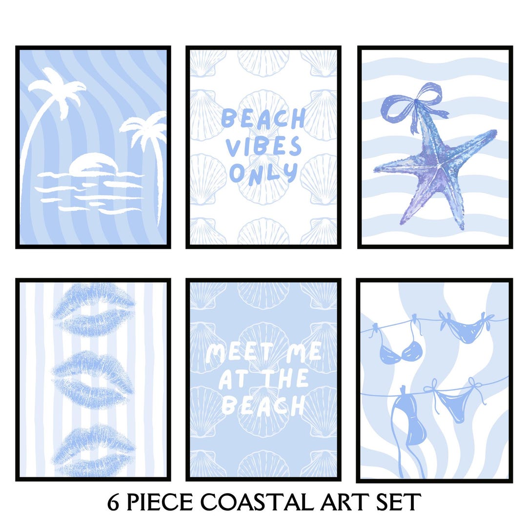 6 Piece Coastal Wall Art Set, Blue Beach Vibes Prints (digital Download ...