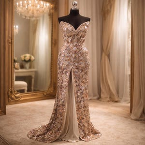 May include: A strapless, floor-length gown on a mannequin. The dress is covered in shimmering sequins in shades of gold and bronze. It features a sweetheart neckline and a high slit in the front, revealing a lighter-colored underlay. The dress has a long train.