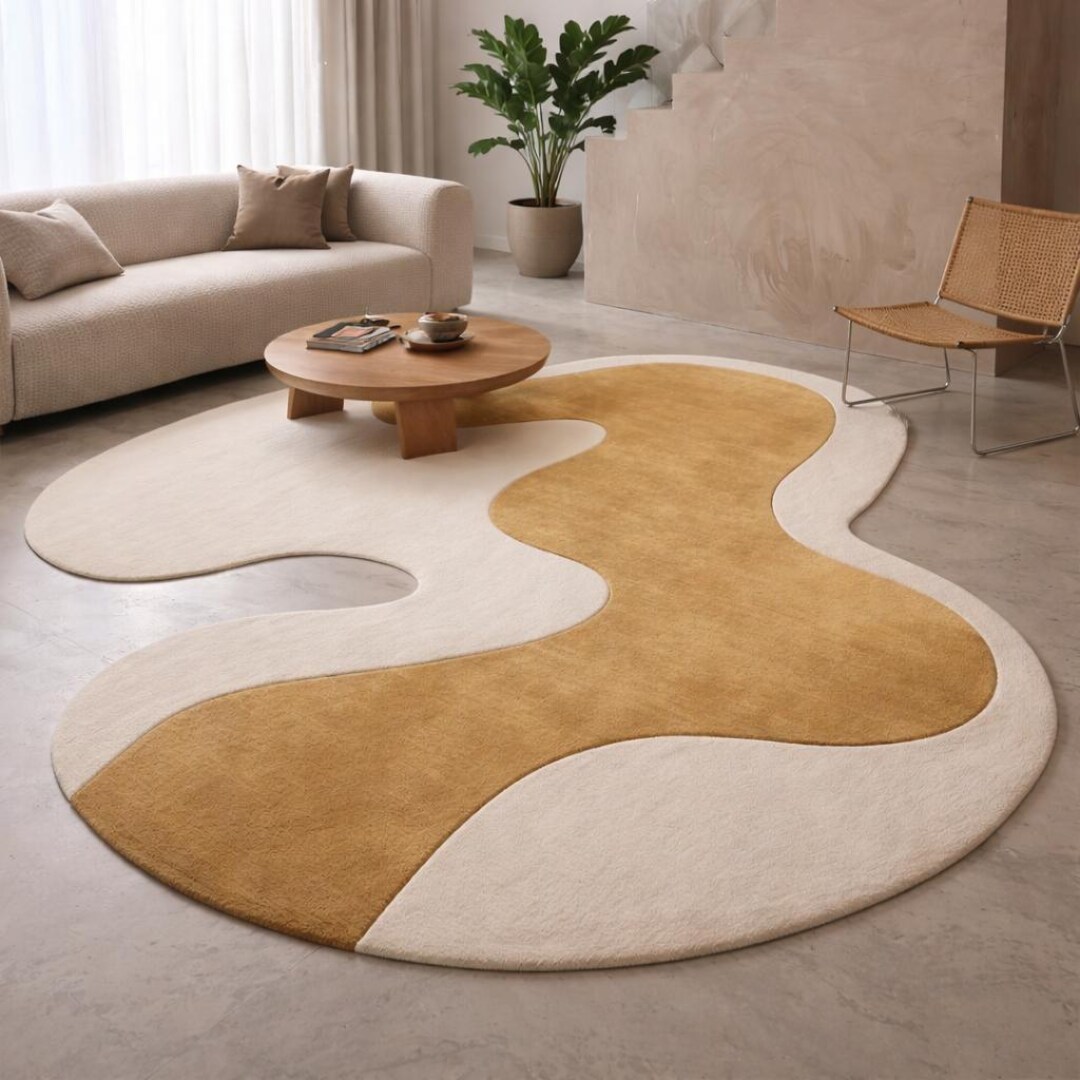Modern Irregular Rug Modern Abstract Tufted Rug, Irregular Wavy Shape Area Rug, Beige Cream ...