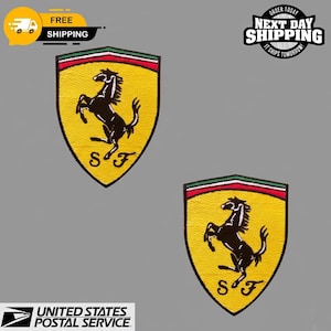 May include: Two embroidered patches featuring the Ferrari logo. The patches are shield-shaped with a yellow background, a black prancing horse, and the letters "SF". The top border is green and red.