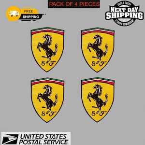 May include: Four yellow Ferrari shield patches with a black prancing horse and the letters "SF". The patches have a red and green border. The image includes text that says "PACK OF 4 PIECES", "FREE SHIPPING", and "NEXT DAY SHIPPING".