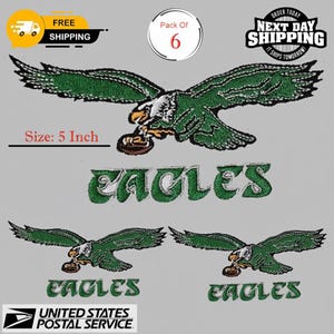 May include: Embroidered patches featuring a green and white eagle holding a football, with the word "EAGLES" below. Each patch is 5 inches in size. The image includes the text "Pack of 6" and "Next Day Shipping".