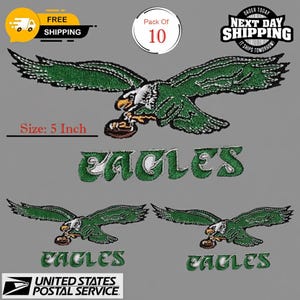 May include: Embroidered green and white Eagles patches. Each patch features a detailed eagle holding a football, with the word "EAGLES" below. The patches are 5 inches in size. The image also includes text that says "FREE SHIPPING" and "NEXT DAY SHIPPING".