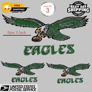 May include: Embroidered green and white Eagles patches, each featuring a detailed eagle with outstretched wings, holding a football. The patches are 12.7 cm in size. The word "EAGLES" is embroidered below each eagle. Pack of 3.