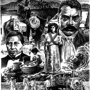 May include: A black and white illustration depicting historical figures and events in Mexico. The image features a man on horseback, a woman with a rifle, a man with a moustache, and a train. The image is a collage of different scenes, all drawn in a realistic style.
