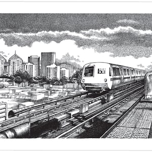 May include: A black and white pen and ink drawing of a train traveling on a track in front of a city skyline. The train is labeled "BART" and is traveling on a track with a bridge in the foreground.