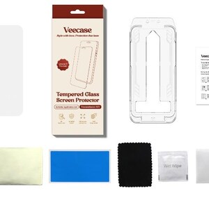 May include: A screen protector kit with a tempered glass screen protector, application tools, and cleaning supplies. The kit includes a screen protector, a box with the text "VeeCase", a clear plastic application frame, and cleaning cloths.