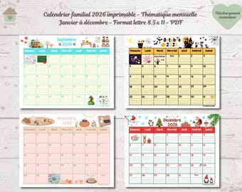 Calendrier 2026 à imprimer, calendrier familiale, format lettre 8.5 x 11