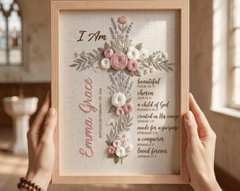 Personalized Baptism Gift for Girl, Hand Embroidered Floral Cross on Linen, Laser Cut Wood Christening Sign, Goddaughter Dedication Keepsake