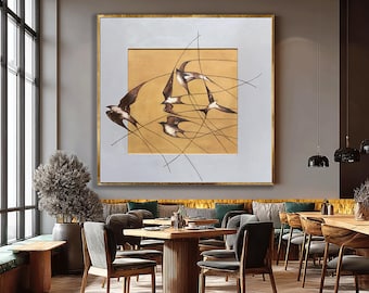 Pintura al óleo abstracta original de pájaro sobre lienzo, pintura personalizada de golondrina voladora, arte de pared dorado, decoración artística concisa, decoración del hogar para la sala de estar.