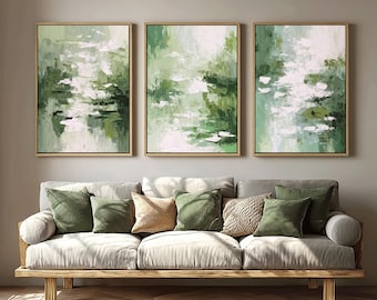 Cuadro de pared de tres paneles con textura verde, pintura abstracta al óleo de gran formato sobre lienzo, pintura decorativa de estilo nórdico, arte para la pared del salón.