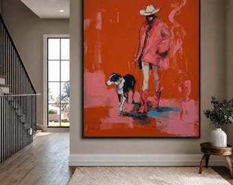 Ölgemälde im amerikanischen Westernstil mit Cowgirl und Hund, großes Leinwandbild, Vintage-Ranch-Wanddekoration für das Wohnzimmer