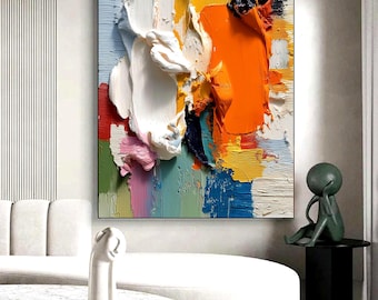 Cuadro abstracto al óleo pintado a mano en amarillo, naranja y blanco, con textura de espátula y técnica de impasto. Gran obra de arte minimalista en 3D para la pared del salón.
