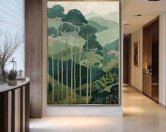 Vintage Japanse stijl olieverfschilderij van bossen en bergen, hoge bomen over glooiende heuvels, grote botanische natuur muurkunst voor woonkamer