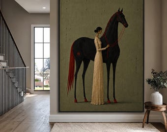 Original Textured Woman Horse Rider Oil Painting, Large GreenEquestrian Canvas Art, Minimalist Vintage Wall Decor for LivingRoom