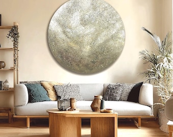 Abstract circular canvas wood grain painting,moon surface texture, large-scale green & gray hand-painted art,living room feature wall decor.
