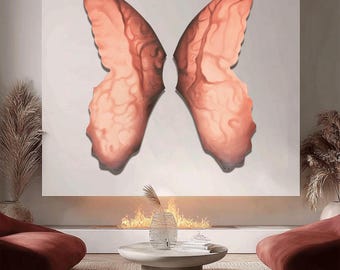 Surrealist Butterfly Art, Pink and Brown Wood Carving Wall Decor, Hand Painted Textured Artwork for Living Room