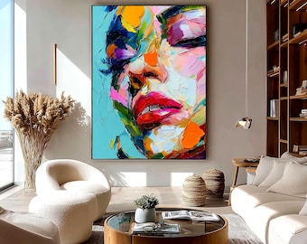Colorful Female Portrait with Palette Knife,Large Hand-Painted Expressionist Lady Face, Contemporary Figurative Textured Art for Living Room