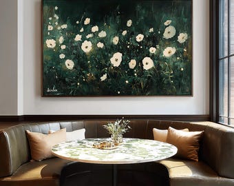 Cuadro al óleo vintage de flores blancas grandes pintadas a mano, lienzo botánico verde, arte de pared para sala de estar