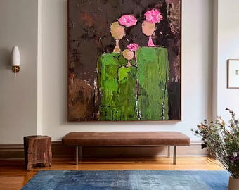 Large Hand-Painted Abstract Wabi Sabi Oil Painting, Contemporary Female Portrait, Textured Minimalist Wall Art for Living Room