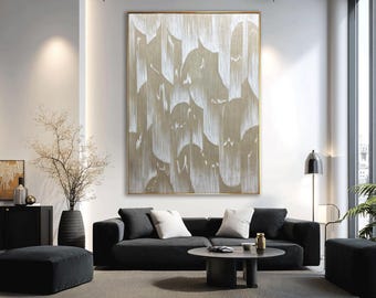 Pintura al óleo abstracta de tono medio, arte mural con textura de lino y blanco, cuadro neutro sobre lienzo para sala de estar, decoración minimalista para el hogar.