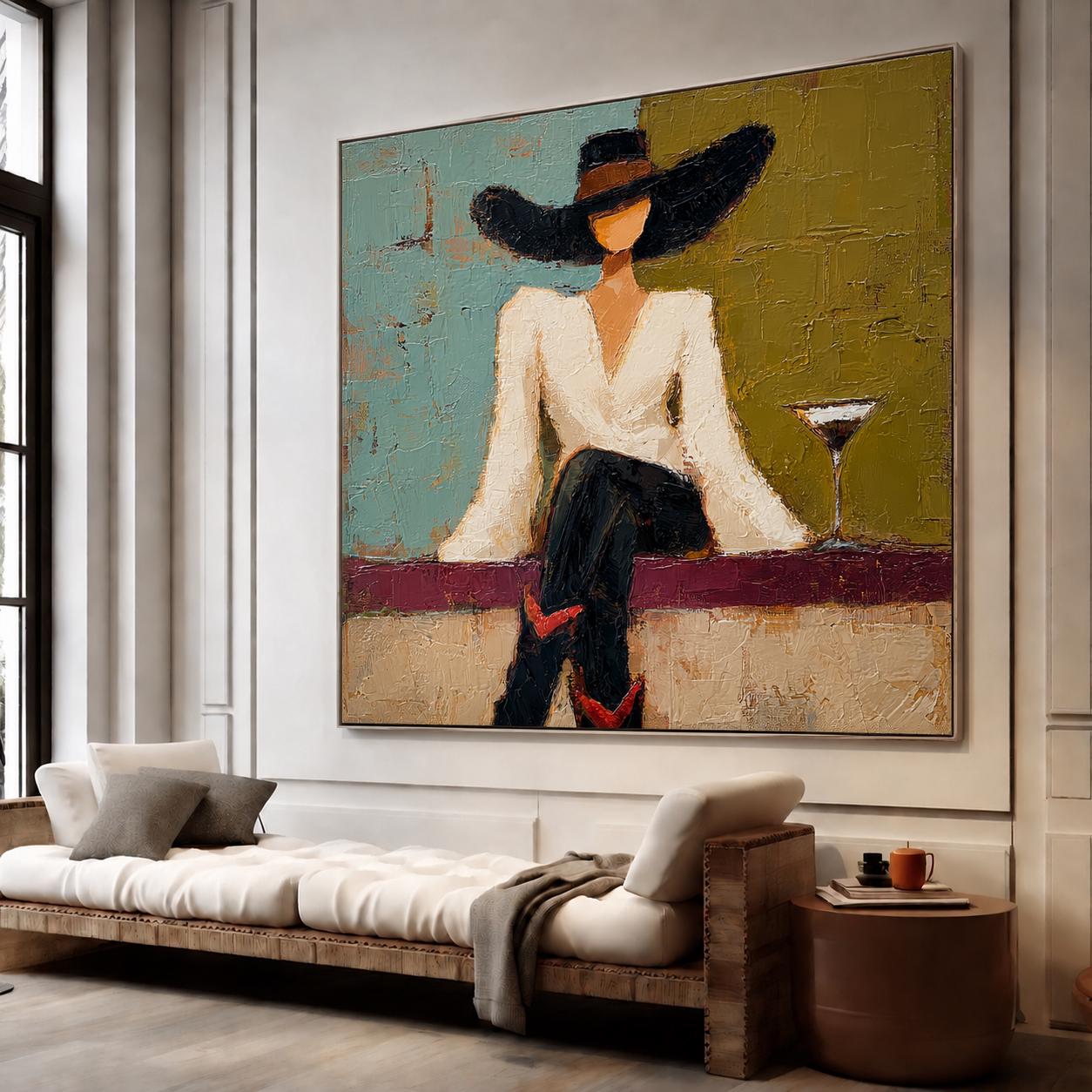 Western Glam Large Martini Cowgirl Abstract Oil Painting, Textured Faceless Canvas Art, Wall Decor for Living Room