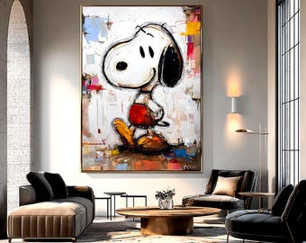 Grande opera d'arte originale di Snoopy da parete, dipinto astratto moderno in stile graffiti di strada, decorazione minimalista su tela beige testurizzata per il soggiorno.