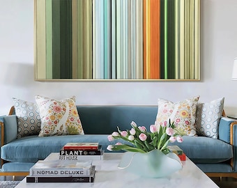 Pintura al óleo abstracta original pintada a mano con vetas de madera, arte mural de rayas verticales coloridas a gran escala, decoración contemporánea vibrante para el hogar.