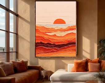 Pintura al óleo original con técnica de impasto y textura pintada a mano, paisaje 3D de atardecer naranja, gran obra de arte abstracto moderno para la decoración de la pared de la sala de estar.