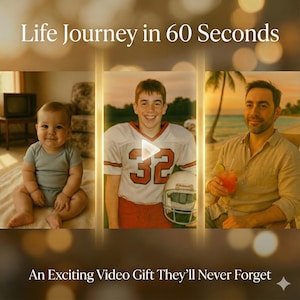 May include: A three-panel image showing a person at different stages of life. The first panel shows a baby, the second a teenager in a football uniform, and the third a man with a drink. Text at the top reads "Life Journey in 60 Seconds."