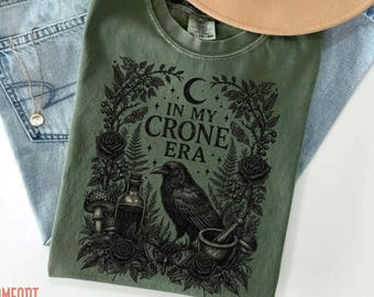 Crone Era Shirt, Witchy Gothic Botanical Raven Cauldron Tee