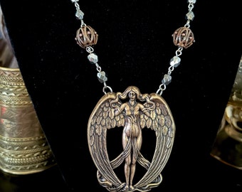 Art Nouveau Winged Goddess Necklace: Neo Victorian Angel Pendant