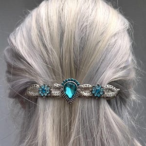 Chic Blue Jewel Barrette for Everyday Antique-Inspired Teal Hairpiece Boho Teal Crystal hair clip Art Nouveau style hairpiece Silver Leaf