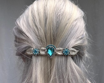 Chic Blue Jewel Barrette for Everyday Antique-Inspired Teal Hairpiece Boho Teal Crystal hair clip Art Nouveau style hairpiece Silver Leaf