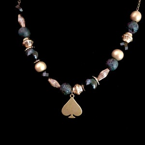 Spades necklace, Spade charm necklace, Queen of Spades necklace, card suit necklace, bronze spade charm jewelry, black and bronze necklace