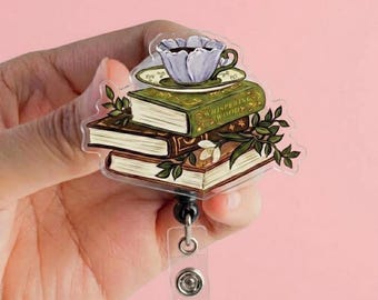 Portabadge Dark Academia, porta badge per amanti dei libri e del tè, badge vintage con pila di libri, regalo estetico per bibliotecari, simpatico badge retrattile per insegnanti