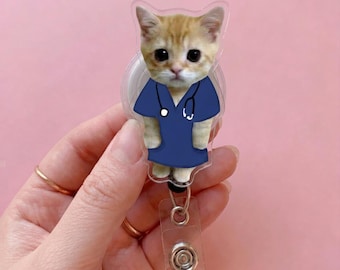 Bobine d'insigne de chat drôle, porte-carte d'identité d'infirmière mignon chaton roux, clip rétractable pour badge médical, accessoire meme, cadeau technique vétérinaire, cadeau pour amoureux des chats
