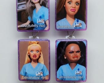 Barb Meme Badge Reels, Funny Face Doll Badge Reel, Coworker Gift for Her, Work ID Badge Clip