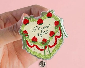 Portabadge "I'm Just A Girl", porta badge a tema torta di fragole, badge dolce e civettuola, regalo per infermiera/insegnante