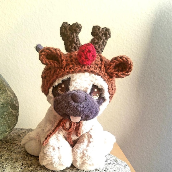 Rudolph Dog Hat, Reindeer Hat for Small Dogs and Cats, Crochet Dog Beanie with Ear Holes, Rudolph the Red Nose Reindeer Pet Hat