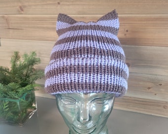 Cat Ears Beanie, Striped Beanie, Warm Kitty Cat Hat, Purple and Gray Striped Cat Ear Beanie