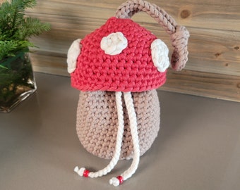 Crochet Mushroom Bag, Mushroom Cinch Bag, Mushroom Drawstring Bag, Red Mushroom Bag