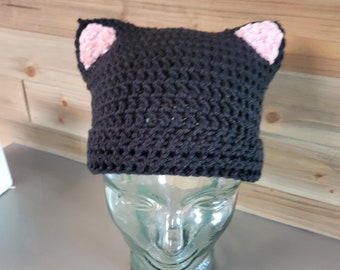 Crochet Kitty Beanie: Black Cat Hat with Pink Ears