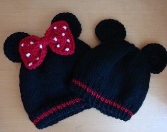 Mickey OR Minnie Mouse Inspired Baby Beanies - Hand Knit Mickey Mouse Hat - Newborn, Infant or Toddler Sizes