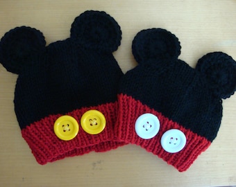 Mickey Mouse Inspired Baby Beanies - Hand Knit Mickey Mouse Hat with Big Buttons - Newborn, Infant or Toddler Sizes